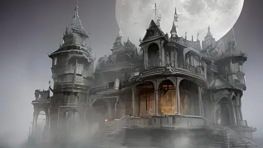 Prompt: Hyperrealistic haunted ghostly medievil gothic fortress at midnight full moon foggy meteor