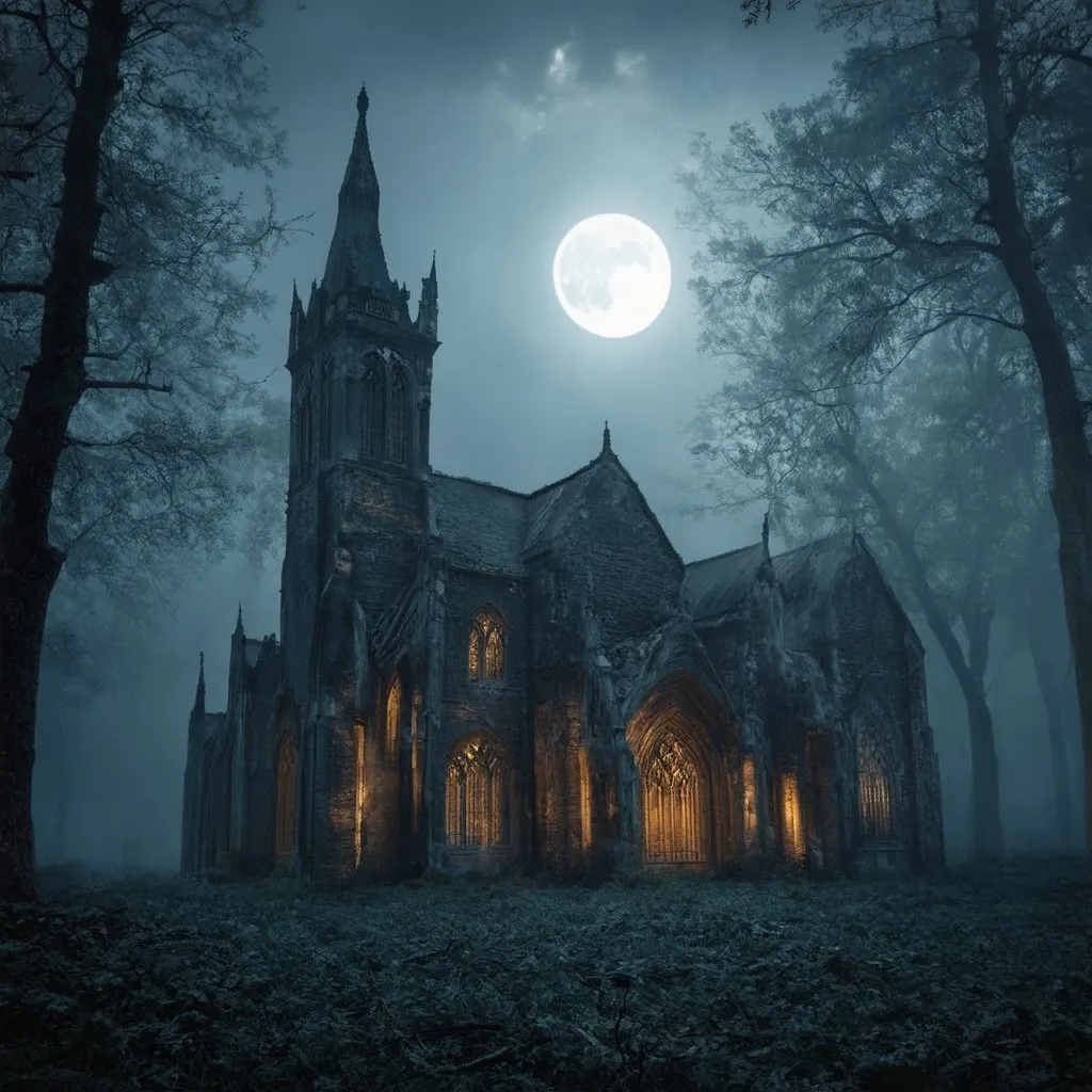 Prompt: Hyperrealistic haunted ghostly gothic cathedral the foggy forest at midnight with a full moon 