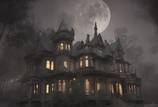 Prompt: Hyperrealistic haunted ghostly medievil gothic mansion in the forest at midnight full moon foggy