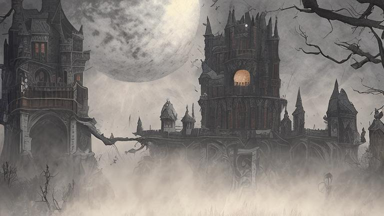 Prompt: Hyperrealistic haunted medievil gothic fortress midnight full moon foggy 