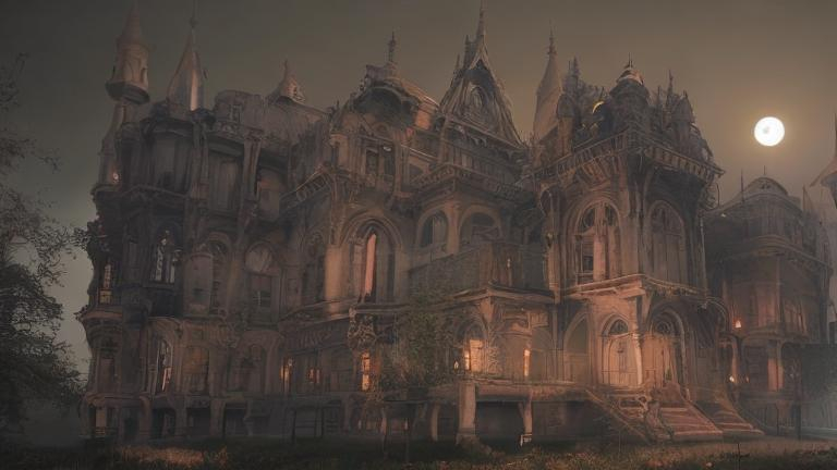 Prompt: Hyperrealistic haunted medievil gothic fortress midnight full moon foggy 