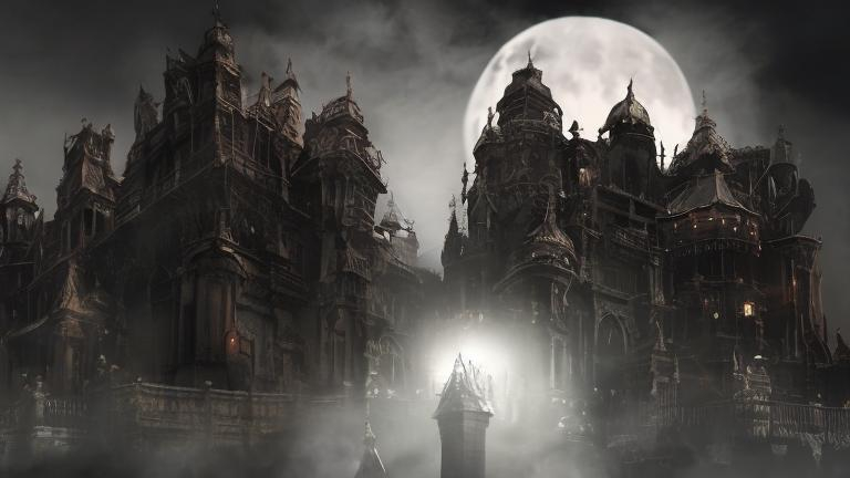 Prompt: Hyperrealistic haunted medievil gothic fortress midnight full moon foggy 