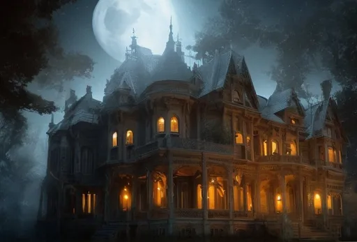 Prompt: Hyperrealistic haunted ghostly medievil gothic mansion in the forest at midnight full moon foggy