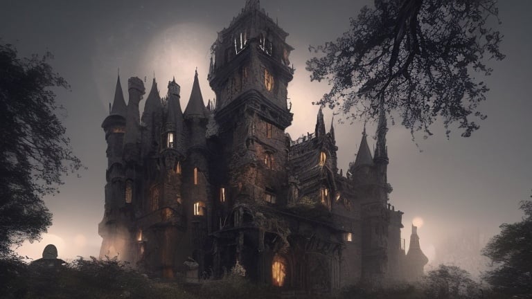 Prompt: Hyperrealistic haunted ghostly medieval gothic fortress at midnight, full moon, foggy gloomy night, highres, ultra-detailed, gothic, medieval, haunting, eerie atmosphere, moonlit, foggy, atmospheric lighting, spooky, detailed architecture, rainy surroundings