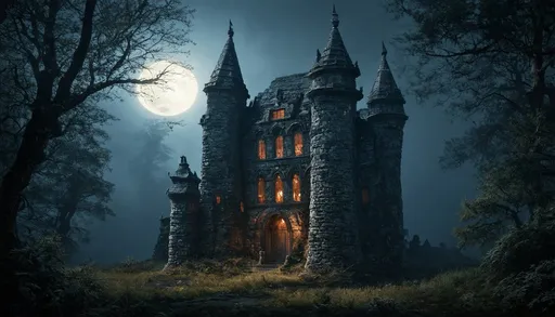 Prompt: Hyperrealistic Haunted ghostly ancient fortress in a very foggy forest at midnight with a full moon 