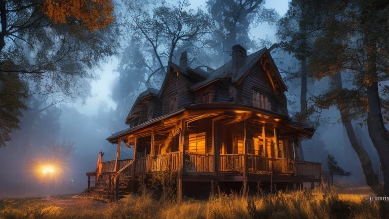 Prompt: Hyperrealistic haunted ghostly medievil gothic cabin in the forest at midnight full moon foggy