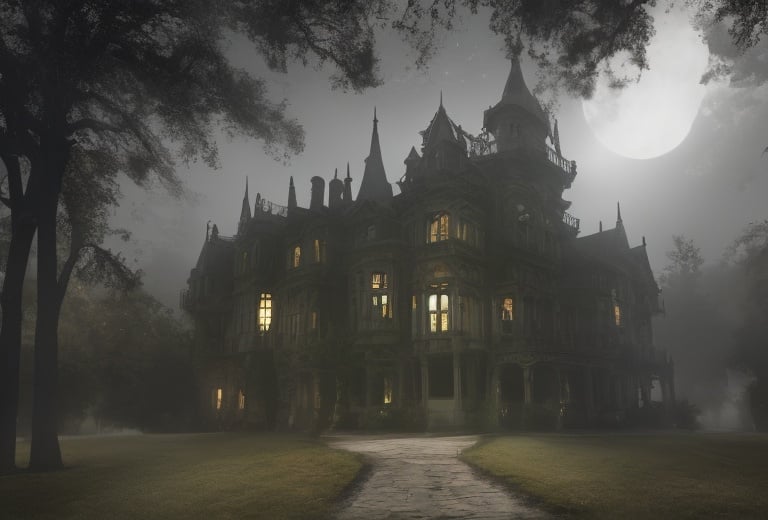 Prompt: Hyperrealistic haunted ghostly medievil gothic mansion in the forest at midnight full moon foggy