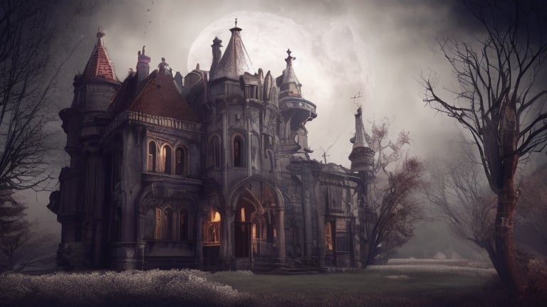 Prompt: Hyperrealistic haunted ghostly medievil gothic fortress at midnight full moon foggy meteor