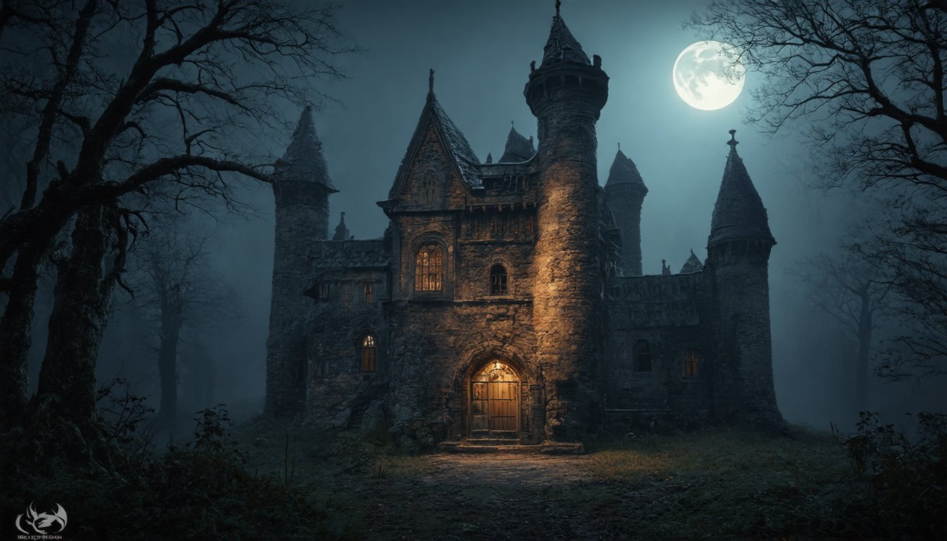 Prompt: Hyperrealistic Haunted ghostly ancient fortress in a very foggy forest at midnight with a full moon 