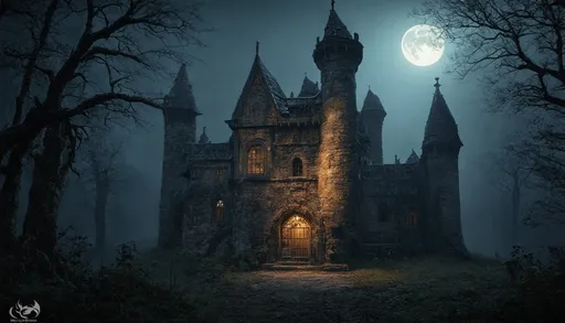 Prompt: Hyperrealistic Haunted ghostly ancient fortress in a very foggy forest at midnight with a full moon 