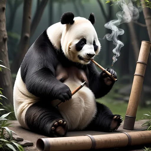 Prompt: Introspective Panda who is in his young adult phase who has been tested and only wants to pass knowledge on to his young cubs smoking on his long pipe telling stories to his younger panda cubs

