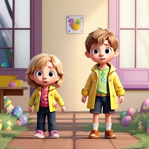 Prompt: easter egg run of 2 kids: one boy of 4 years old and one girl of three years old. Both kids are dark blond. They are in a loking for easter egg in a kindergarden's garden. they both wear yellow raincoat

