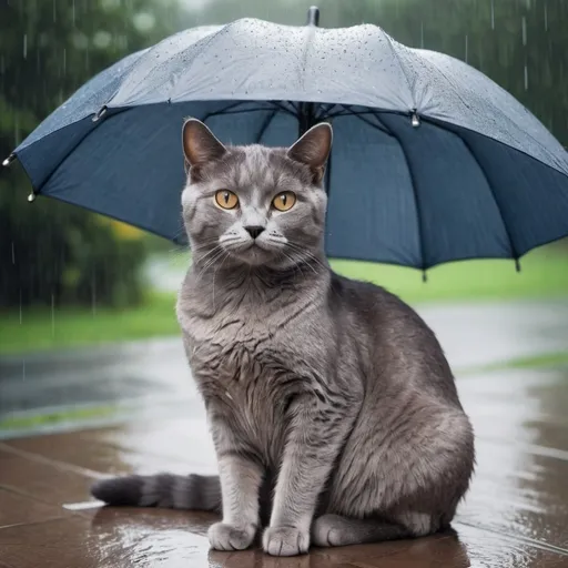 Prompt: A grey cat sitting under an umbrella in the rain, dreamy style. far away