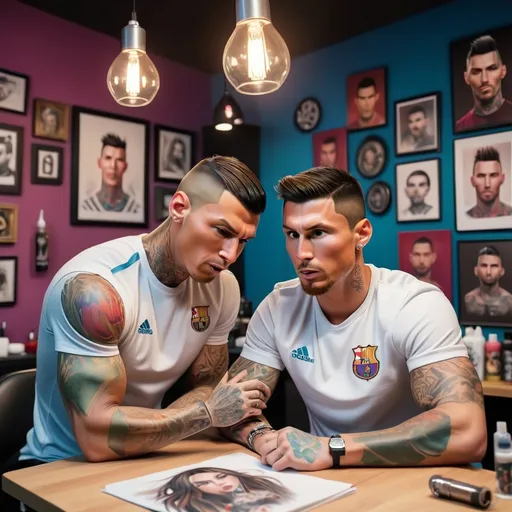 Prompt: (tattoo studio atmosphere), (Cristiano
Ronaldo tattooing Lionel Messi), detailed facial expressions, energetic poses, (realistic lighting), modern decor, tattooing tools cluttered on the table, colorful ink bottles, finely detailed tattoos in process, (4K), capturing the playful rivalry, cozy ambiance with vibrant artworks on the walls, (ultra-detailed), blurred background items to focus on the