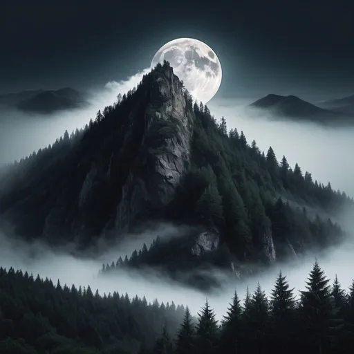 Prompt: Mountain with Dark forest in fog, full moon in clouds