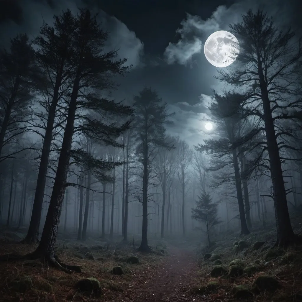 Prompt: Dark forest in fog, full moon in clouds