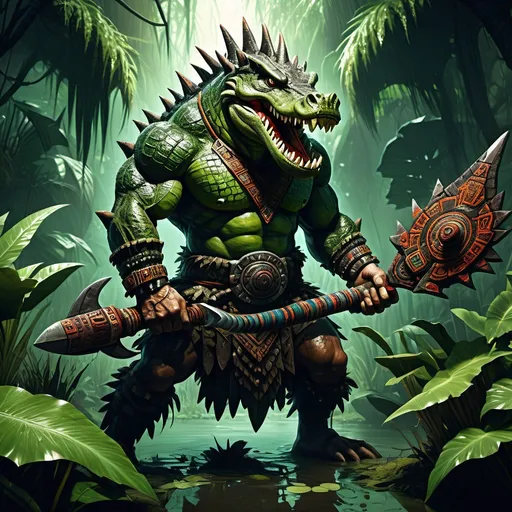 Prompt: Draconian barbarian character, (crocodile-like head), (massive muscles), wielding a (huge two-handed weapon), in a vibrant (Aztec style), set in a mysterious (swamp) environment, showcasing distinctive (black scales), emphasizing a fierce and powerfully intimidating aura, with rich details in the background lush with (swamp vegetation), portrayed in high quality, ultra-detailed imagery.