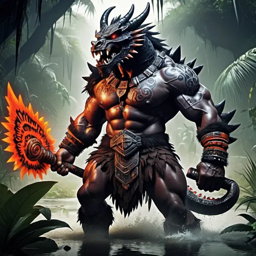 Prompt: Draconian barbarian character, (dragon-like head), (massive muscles), wielding a (huge two-handed weapon), in a vibrant (Aztec style), set in a mysterious (swamp) environment, showcasing distinctive (black scales), emphasizing a fierce and powerfully intimidating aura, with rich details in the background lush with (swamp vegetation), portrayed in high quality, ultra-detailed imagery.