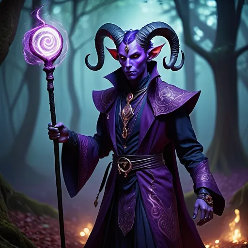 Prompt: (tiefling warlock character), stands confidently, holding a cane, (emanating vibrant purple magic energy), intricate clothing with mystic symbols, delicate facial features, (expressive pose), mystical background, enchanted forest with ethereal lighting, (HD quality), elegant and dark ambiance, showcasing a sense of power and mystery.