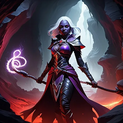 Prompt: Drow female cleric, (white hair), (red eyes), (dark purple skin), wielding a (snake whip), standing in an ethereal (underground landscape), surrounding a mystical aura, mysterious shadows lurking, deep cavernous depths, ambient glowing lights, illuminating cave formations, portraying an atmosphere of power and worship, vivid contrasts of darkness and occasional highlights, 4K quality, ultra-detailed.