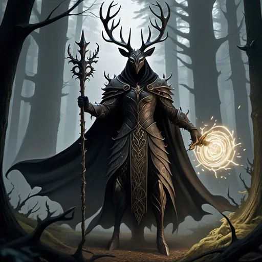 Prompt: (Dark cleric), wearing an ornate helmet adorned with (large deer horns), draped in a flowing (black cape), wielding a great, spiked two-handed mace, emerging from the depths of a (dark forest). Shadows of a (Wendigo) loom ominously, surrounded by swirling tendrils of (dark magic). Dim, eerie lighting enhances the mystical, ominous ambiance, creating a high-quality, (ultra-detailed) visual masterpiece.