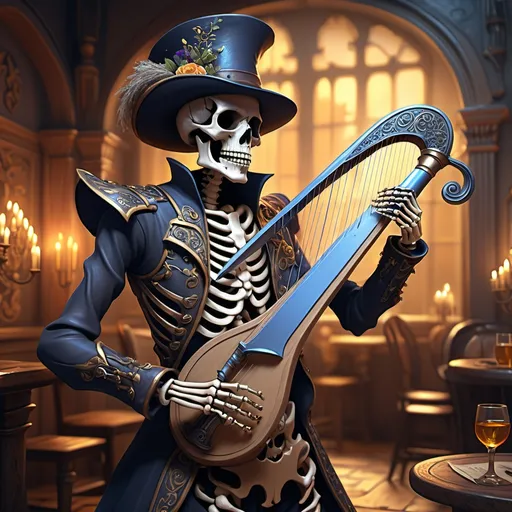 Prompt: (skeleton bard), exquisite harp, stylishly fancy clothes, (dramatic pose), ornate elegant hat, gleaming sword, dramatic lighting, richly detailed textures, (mysterious ambiance), enchanting backdrop with swirling shadows, vibrant cool tones, artistic elegance, ultra-detailed, 4K high resolution, a blend of charm and intrigue. Tavern.