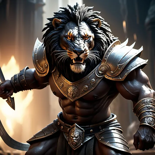 Prompt: (Black lionfolk warrior), formidable captain character, commanding presence, wielding a massive two-handed sword, (metallic jaw), intense gaze with a scarred eye, (muscular build), fierce expression, dramatic lighting for a heroic atmosphere, intricate detailing on armor, (dark colors) with hints of metallic sheen, high-stakes adventure vibe, (4K ultra-detailed).