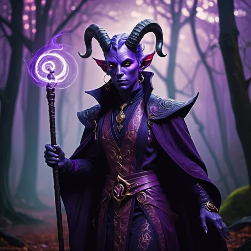 Prompt: (tiefling warlock character), stands confidently, holding a cane, (emanating vibrant purple magic energy), intricate clothing with mystic symbols, delicate facial features, (expressive pose), mystical background, enchanted forest with ethereal lighting, (HD quality), elegant and dark ambiance, showcasing a sense of power and mystery.