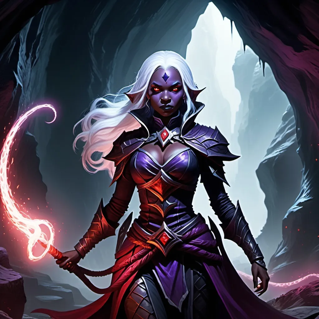 Prompt: Drow female cleric, (white hair), (red eyes), (dark purple skin), wielding a (snake whip), standing in an ethereal (underground landscape), surrounding a mystical aura, mysterious shadows lurking, deep cavernous depths, ambient glowing lights, illuminating cave formations, portraying an atmosphere of power and worship, vivid contrasts of darkness and occasional highlights, 4K quality, ultra-detailed.