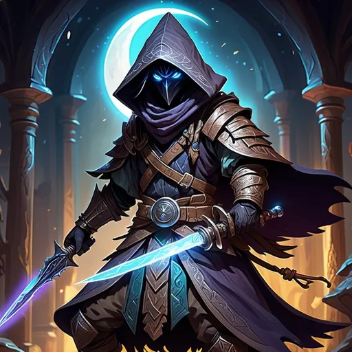 Prompt: (Kenku artificer character), (ravenfolk) in ornate hood and gleaming armor, wielding a short, crescent moon-shaped sword, vibrant electric magic energy crackling around them, gem embedded in a protective shield, dramatic lighting illuminating their stance, (dynamic action pose), richly detailed background reminiscent of a mystical workshop, (fantastical) ambiance, ultra-detailed, high quality, captivating palette of electric blues and metallic tones.