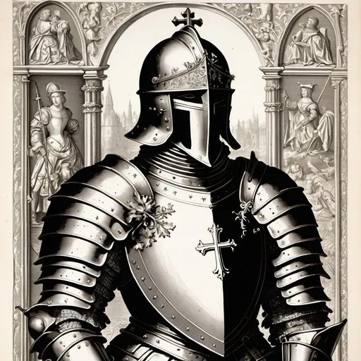 Prompt: Detailed 17th century etch of a beautiful knight; hatched; character illustration; cross: crusade