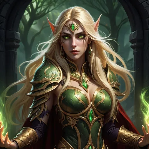 Prompt: (dark) fantasy game character art, (blood elf) The Priestess of Shadows, ethereal presence, long wavy golden hair, dull green eyes, intricate robes, shadows enveloping, mystical powers, (highly detailed) armor accents, magic aura, somber atmosphere, set against an ominous landscape, dramatic lighting, dappled dark colors, 4K clarity, (inspired by World of Warcraft).