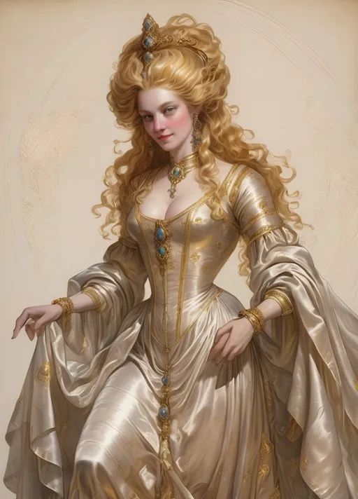 Prompt: Detailed 17th century etch of prophetess; golden hair, silk dress; hatched; fantasy character art; glow