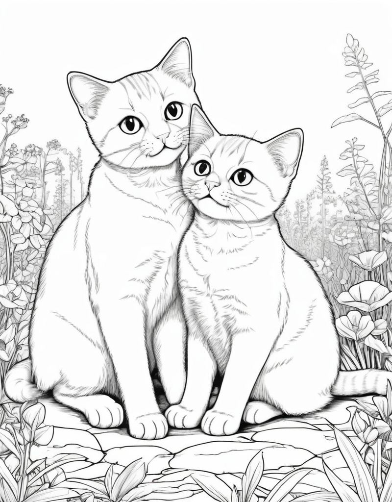 Prompt: B&W coloring book page,  line art, two cats playing, transparent background. Picture size fits 6x9 inch page, resolution 300 dpi