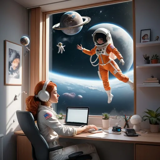 Prompt: and remote worker just work in her room near the window while the outside shows she is in space. make her floating while working and use normal clothes and astronot helmet