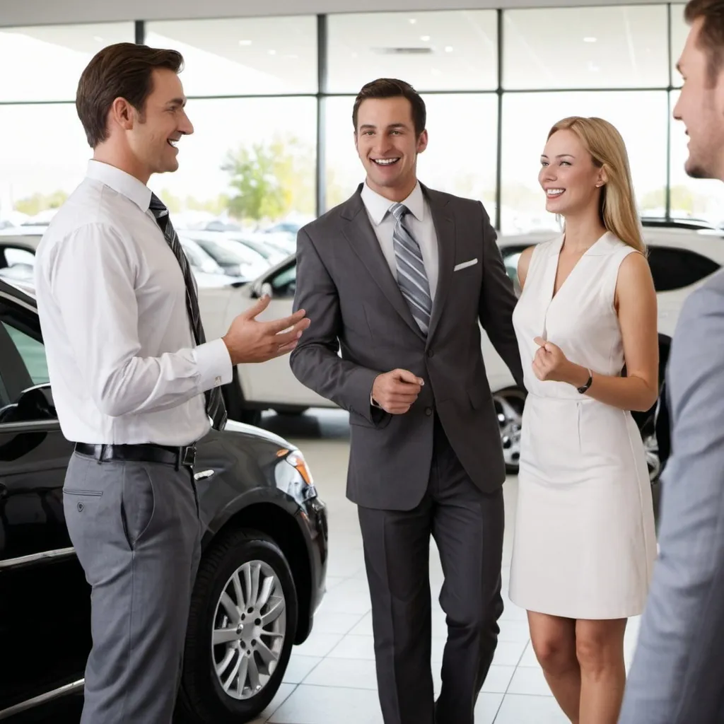 Prompt: Create an image of a man and a woman walking into a dealership from their car and they are greeted by a hostess