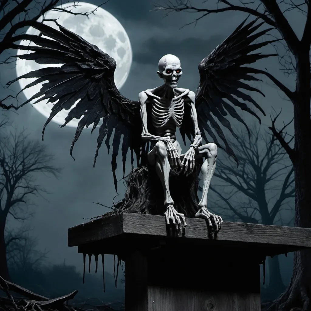 Prompt: (horror legend Kuku), humanoid figure sitting atop a weathered sign reading "Acid Highschool", eerie white eyes, (dark, tattered wings), grim atmosphere, chilling sense of dread, moonlit night, twisted trees in background casting shadows, fog rolling in, surreal and nightmarish ambiance, dark color palette with deep blues and blacks, high contrast, (ultra-detailed), evoking terror and suspense.