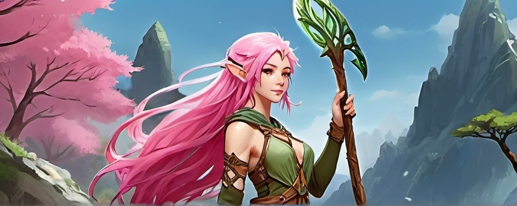 Prompt: pink haired druid,adventurer gear, elven, fantasy,anime