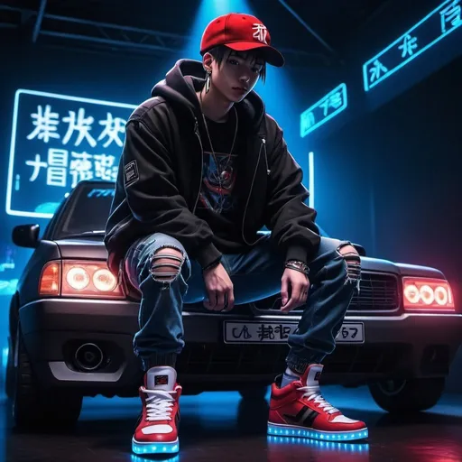 Prompt: young men, rapper, red cap, black hooide, basket sneakers, skinny jeans, the stage is illuminated by dark blue lights, school, anime style, cyberpunk, disco, suv, 