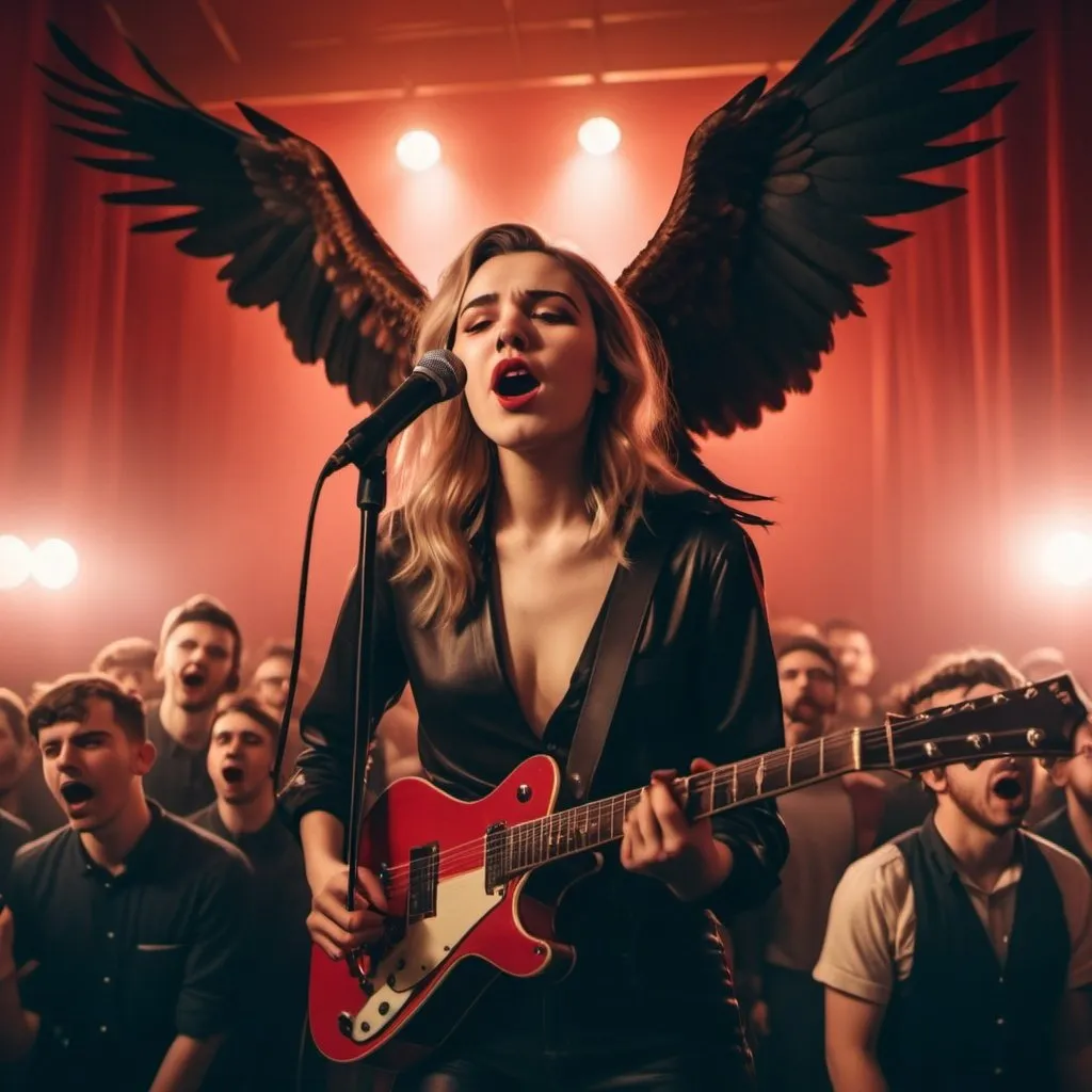 Prompt: young fascist gorgeous woman sings a indie song with her band, it's night, soft light, the stage is illuminated by red lights, a black little eagle fly above the stage, the crowd it's moving