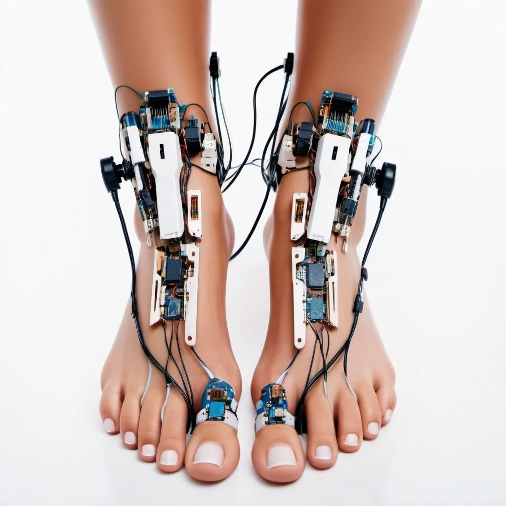 Prompt: android girls pretty tanned feet, torn skin showing robotics inside, perfect toes, neat natural toenails, broken open skin with wires and circuits inside the skin, clean white background