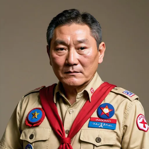 Prompt: Create an realistic photo of the director Takeshi Kitano dressed as boy scout
