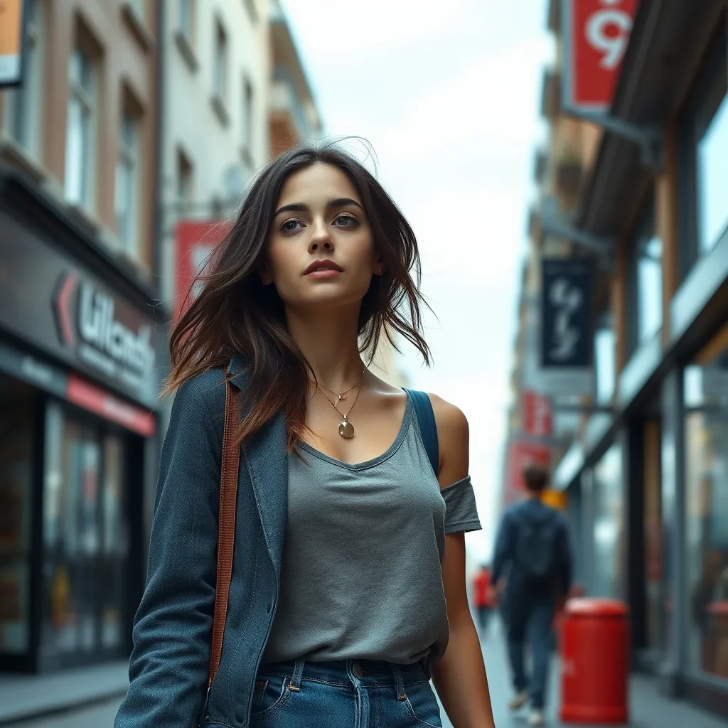 Prompt: Tall young woman walking down the high street, detailed clothing, realistic, natural lighting