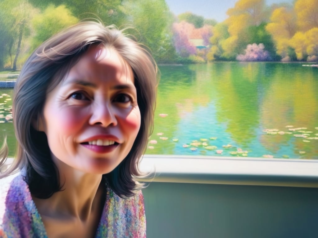 Prompt: A portrait painting of a Chinese 60 year old matured woman with shoulder length hair in the pointillism style of Claude Monet, with soft pastel colors.