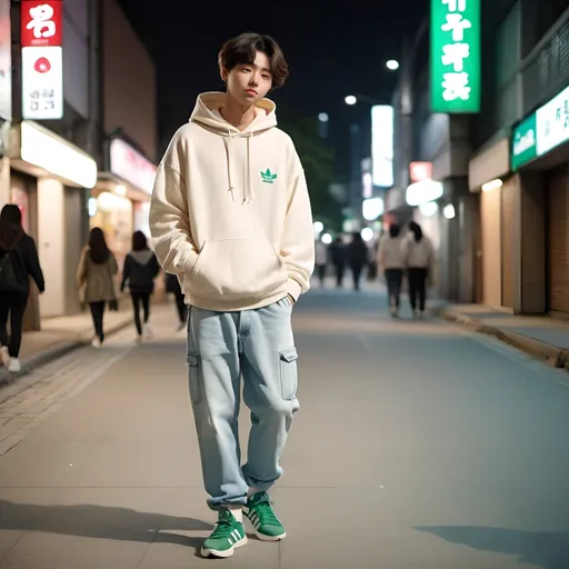 Prompt: 16-year old Korean boy wearing cream hoodie, light blue baggy jeans and green Adidas sneakers walking on sidewalk in Seoul night