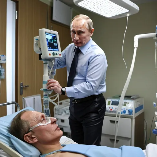 Prompt: Vladimir Putin lying down on bed inside hospital intensive care unit using ventilator and patient monitor