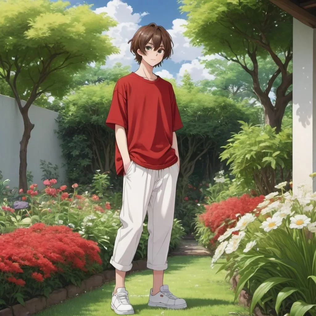 Prompt: 18-year old boy with brown hair wearing red oversized t-shirt and white cropped pants, anime, garden background, full body view