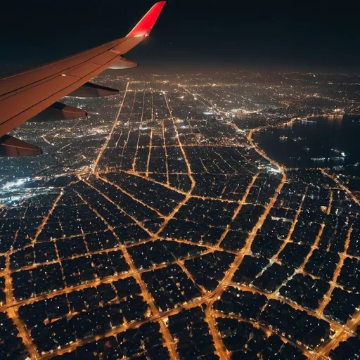 Prompt: Large city seen from airplane during night, houses and car lights