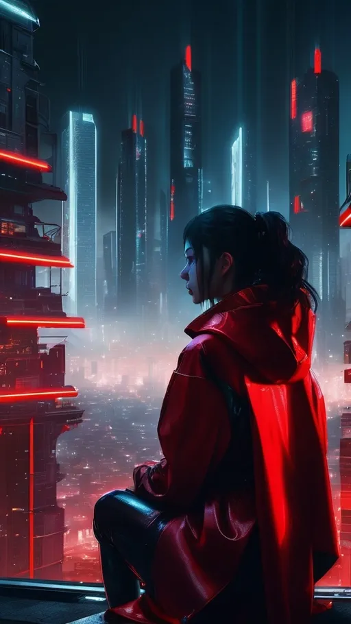 Prompt: (futuristic-sci-fi cityscape), a vast cyberpunk city vibrantly illuminated at night with (dark color scheme), glowing red lights casting eerie shadows, (strange and dark atmosphere), a shimmering crystal cage perched above, a girl with (black hair) clad in a (red coat) sitting on a rooftop, gazing down, feeling small against the expansive city, (highly detailed, 4K resolution).