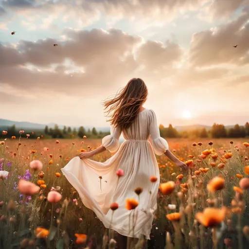 Prompt: A girl standing in the middle of a large be field of flowers floating in the air. She shows her back to the camera and she's looking at the sunset. Her brown hair fly with the wind. Beautiful colors in the sky.